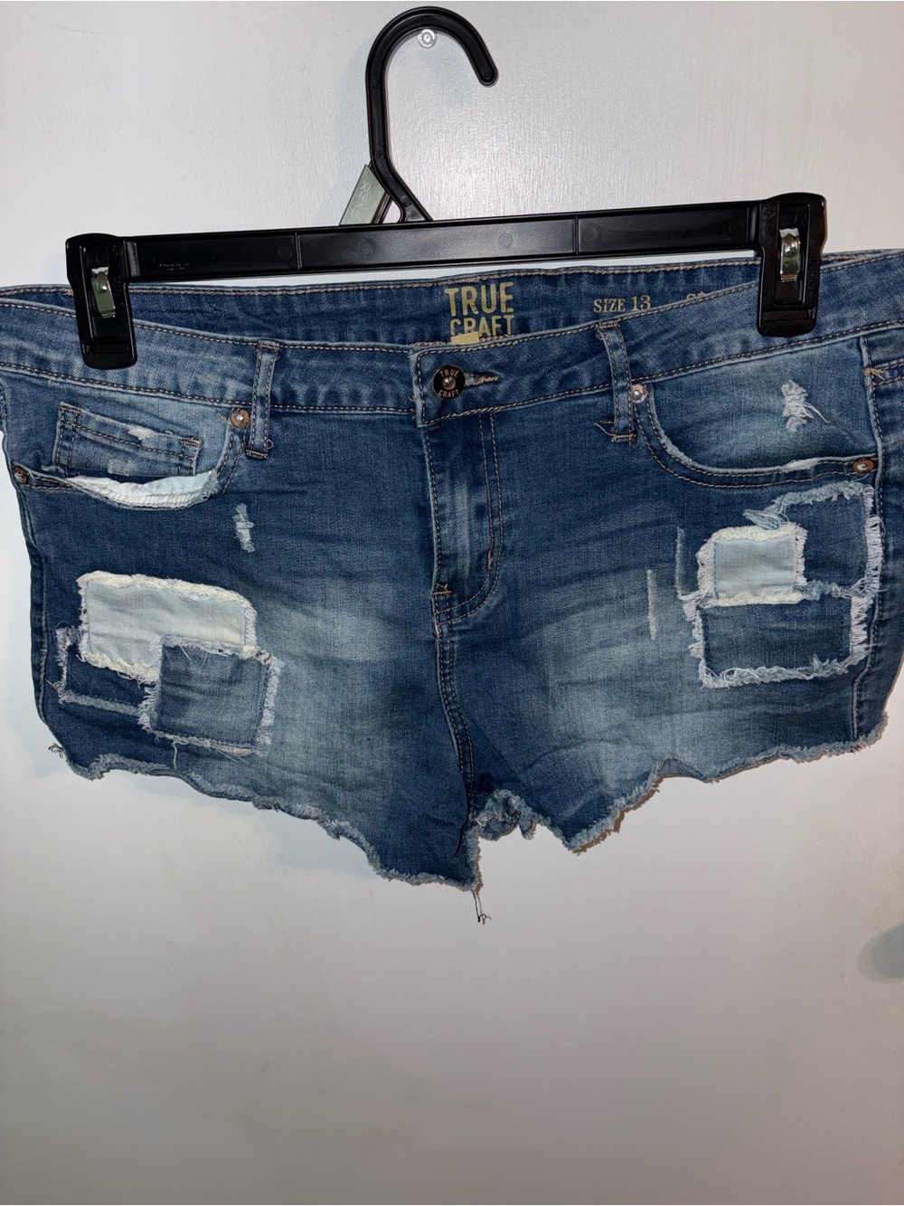True Craft Distressed Blue Denim Patch Cutoff Shorts